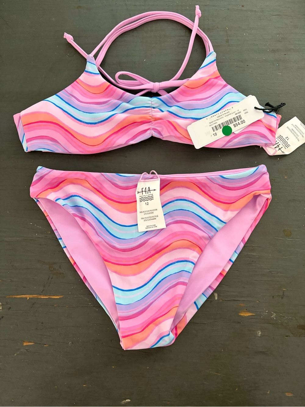 NWT $54 FEATHER 4 ARROW 12 Sunshine Days Girls Triangle Top Bikini Set - UPF 50